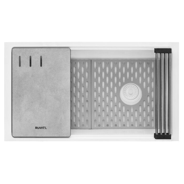 epiStage Ruvati 33" Granite Composite Workstation Undermount Kitchen Sink Single Bowl White – Model# RVG2302WH