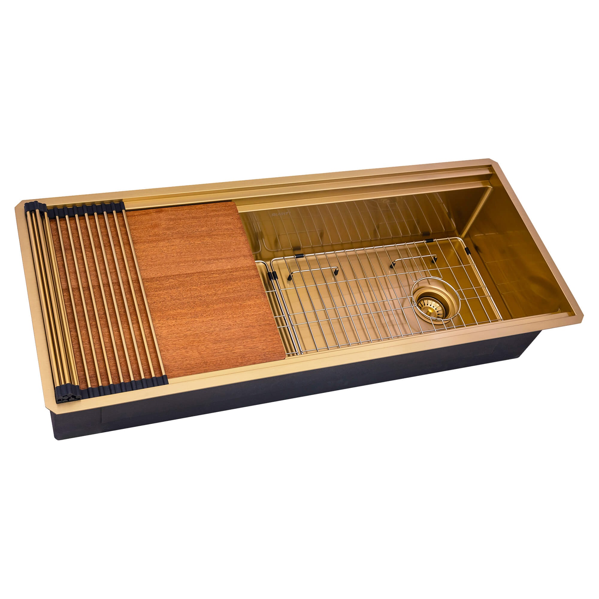 Dual-Tier Pro Ruvati 45" Matte Gold Stainless Steel Workstation Two-Tiered Ledge Undermount Kitchen Sink – Model# RVH6333GG
