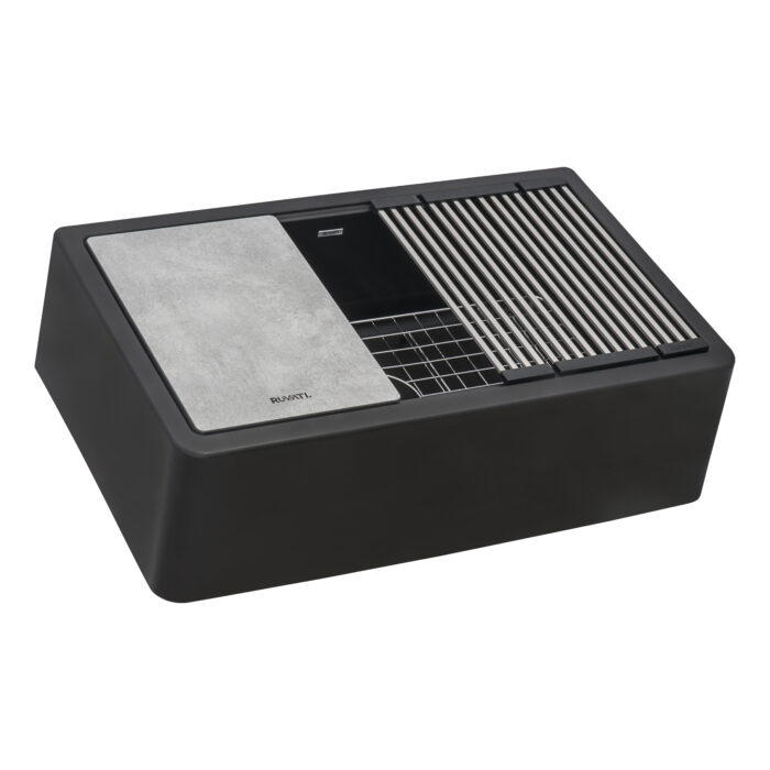 epiCast Ruvati 33" Matte Black Granite Farmhouse Workstation Apron-front Composite Kitchen Sink – Model# RVG1533BK