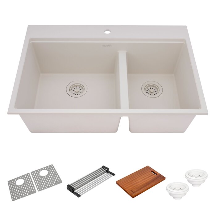 epiRock Model: RVG1327WB Ruvati 33-inch epiRock Workstation Warm White Double Bowl Topmount Kitchen Sink – RVG1327WB