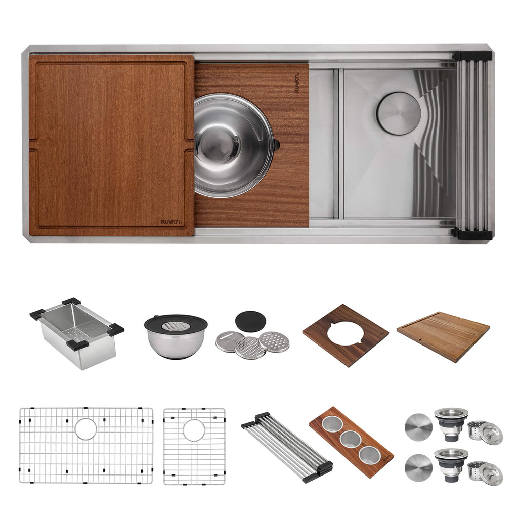 Dual Tier Model: RVH8253 Ruvati 45-inch Double Bowl Workstation Two-Tiered Ledge Kitchen Sink Undermount 16 Gauge Stainless Steel – RVH8253