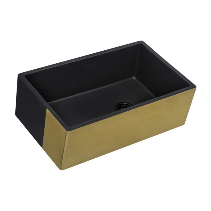 Fiamma Model: RVL4018GRG Ruvati 30-inch Matte Black and Brushed Gold Fireclay Modern Farmhouse Kitchen Sink Single Bowl – RVL4018GRG