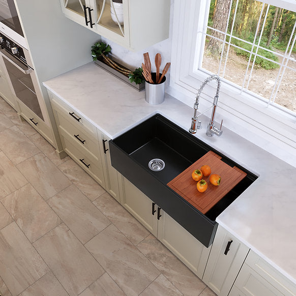 Nantucket Sinks - 36" Fireclay Farmhouse Workstation Single Bowl Kitchen Sink In Matte Black Model# T-PS36MB