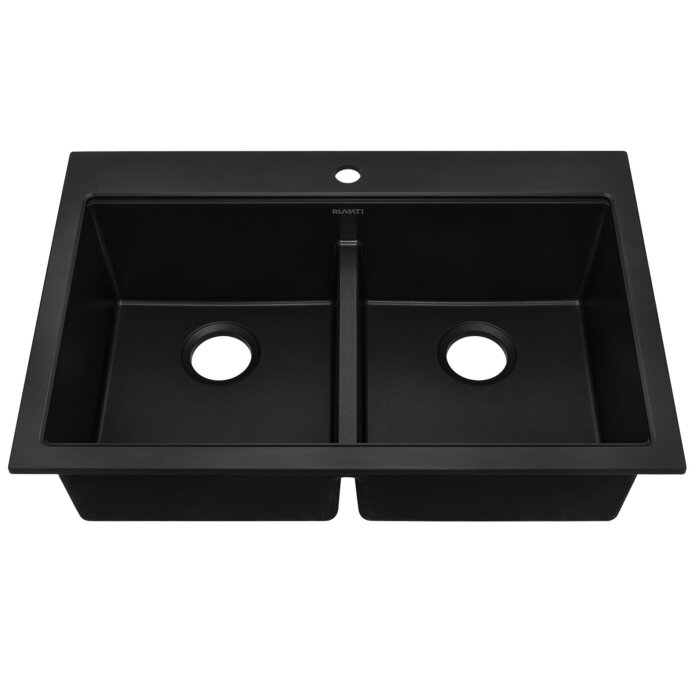 epiGranite Model: RVG1385BK Ruvati 33 x 22 inch epiGranite Drop-in TopMount Granite Composite Quartz Double Bowl Low Divide Kitchen Sink – Midnight Black – RVG1385BK