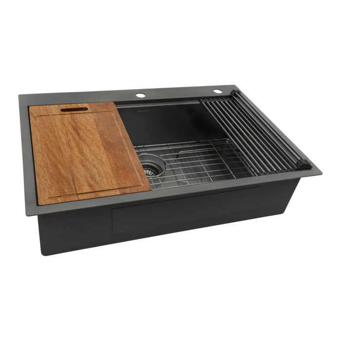 Giana Ruvati 33 inch Gunmetal Black Stainless Steel Workstation Drop-in Topmount Kitchen Sink Single Bowl – Model# RVH5003BL