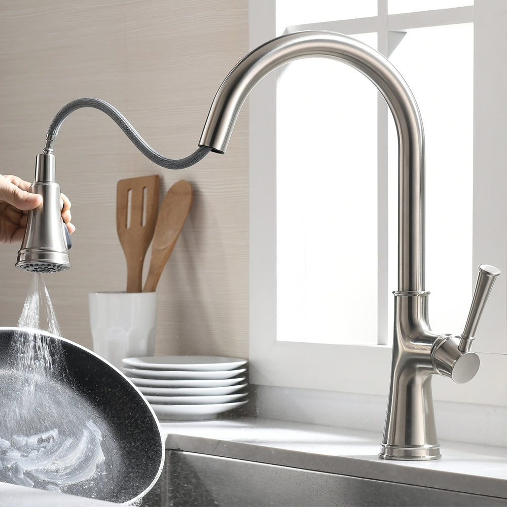 Single Handle 1 Hole Pull-Down Kitchen Faucet in Brushed Nickel – Model# KSK1129BN