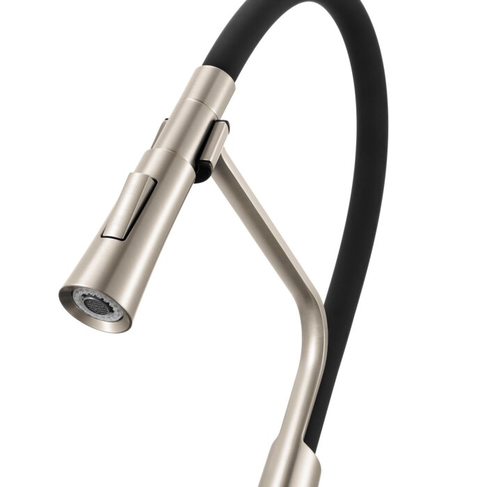 Carina Model: Ruvati Carina Single Handle Flexible Soft Hose Sprayer Kitchen Faucet in Stainless Steel and Black – RVF1242BN