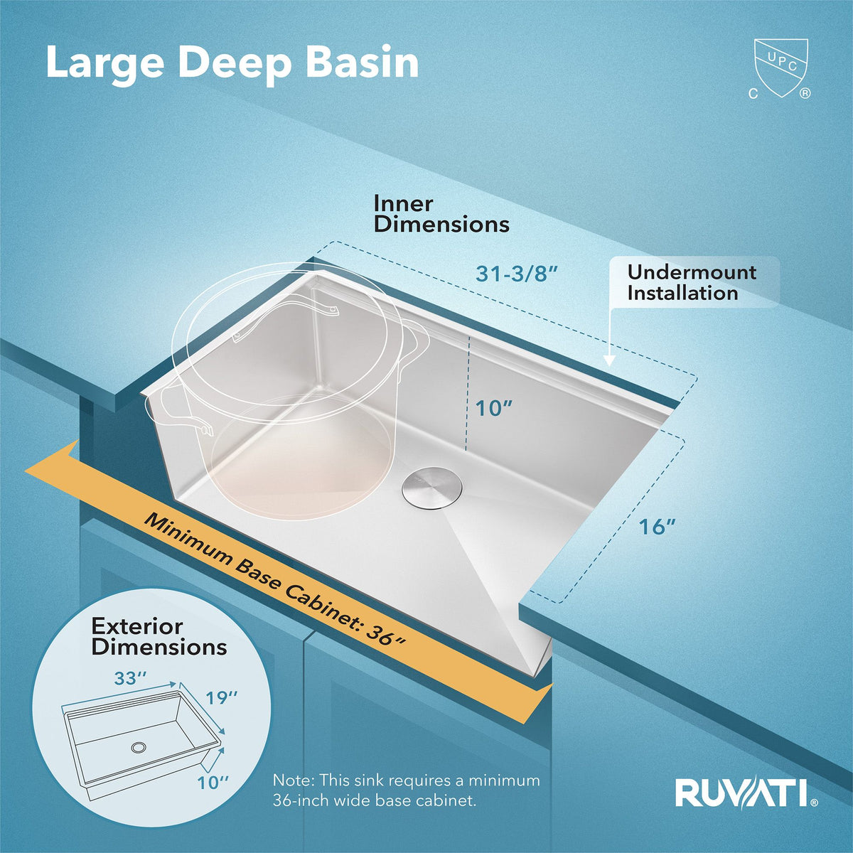 Roma Pro Model: RVH8303 Ruvati 33-inch Workstation Ledge Rounded Corners Undermount 16 Gauge Kitchen Sink Single Bowl – RVH8303