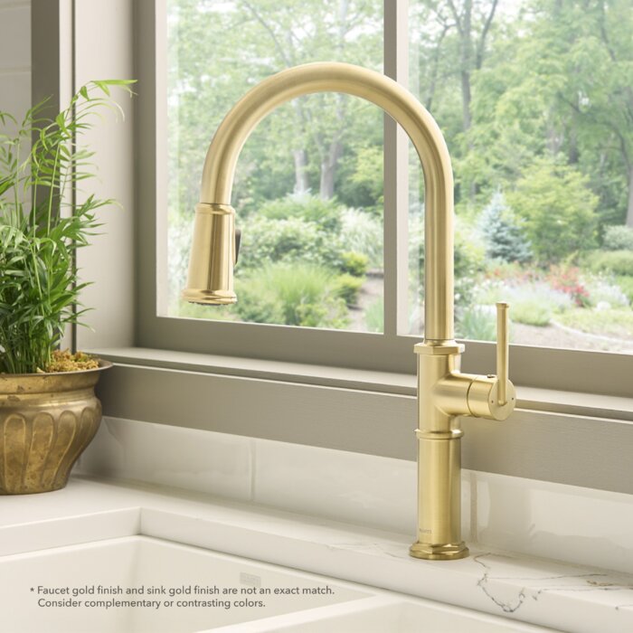 Idris Model: RVF1239SG Ruvati Idris Single Handle Pull Down Kitchen Faucet Tall High Arc Gooseneck with Sprayer in Brushed Gold – RVF1239SG
