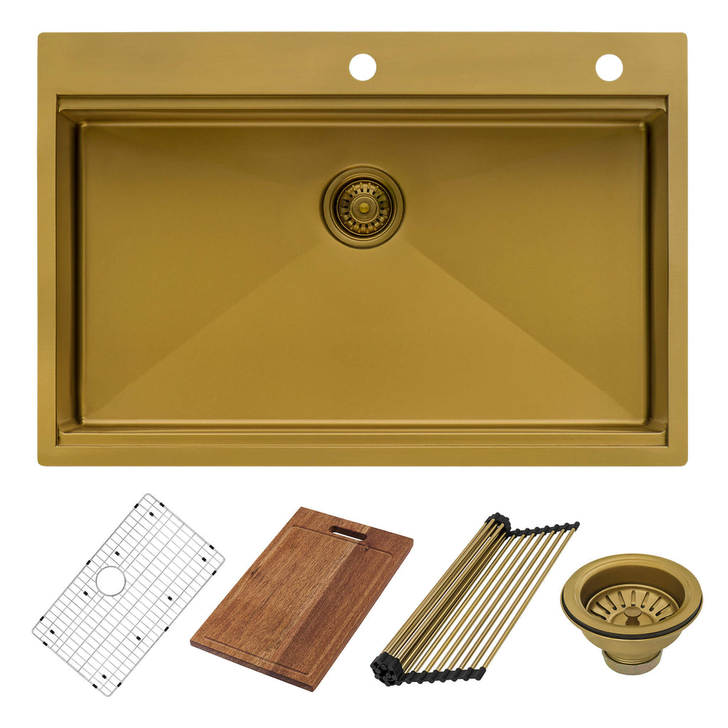 Giana Ruvati 33-inch Matte Gold Workstation Drop-in Topmount Kitchen Sink Single Bowl – Model# RVH5003GG
