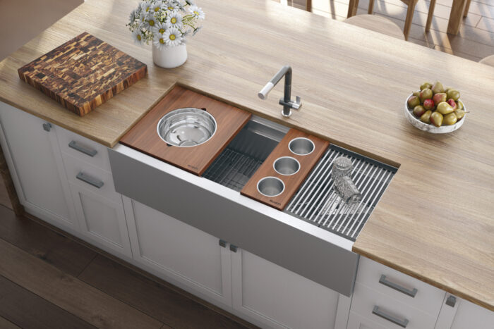 Dual Tier Model: RVH9333 Ruvati 45-inch Workstation Two-Tiered Ledge Kitchen Sink Apron-Front 16 Gauge Stainless Steel