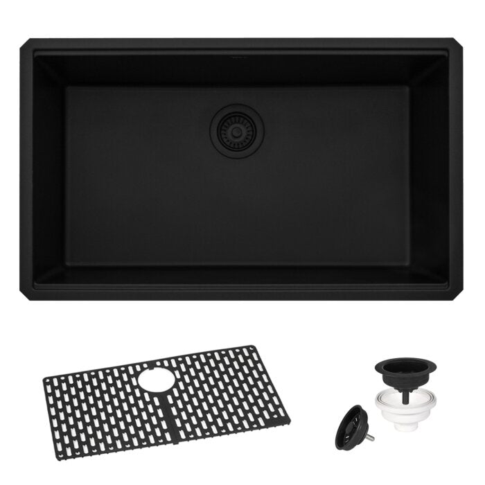 epiGranite Model: RVG2080BK Ruvati 32 x 19 inch Granite Composite Quartz Undermount Single Bowl Kitchen Sink – Midnight Black – RVG2080BK