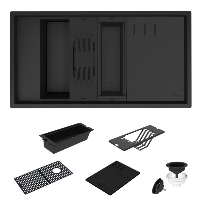 epiStage Model: RVG1650BK Ruvati 18 x 34 inch Granite Composite Quartz Workstation Kitchen Sink epiStage Dual Mount Single Bowl – Black – RVG1650BK
