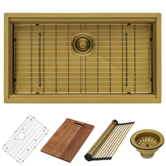 Ruvati 27 inch Matte Gold Workstation Undermount Kitchen Sink Single Bowl Model# RVH6527GG