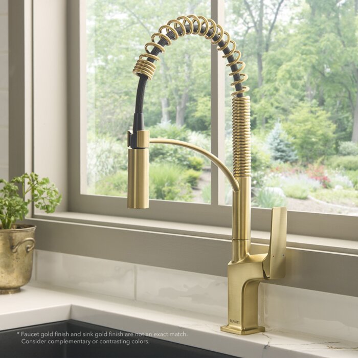 Seneca Model: RVF1236SG Ruvati Seneca Single Handle Pull Down Spring Kitchen Faucet with Pre-Rinse Sprayer in Brushed Gold – RVF1236SG