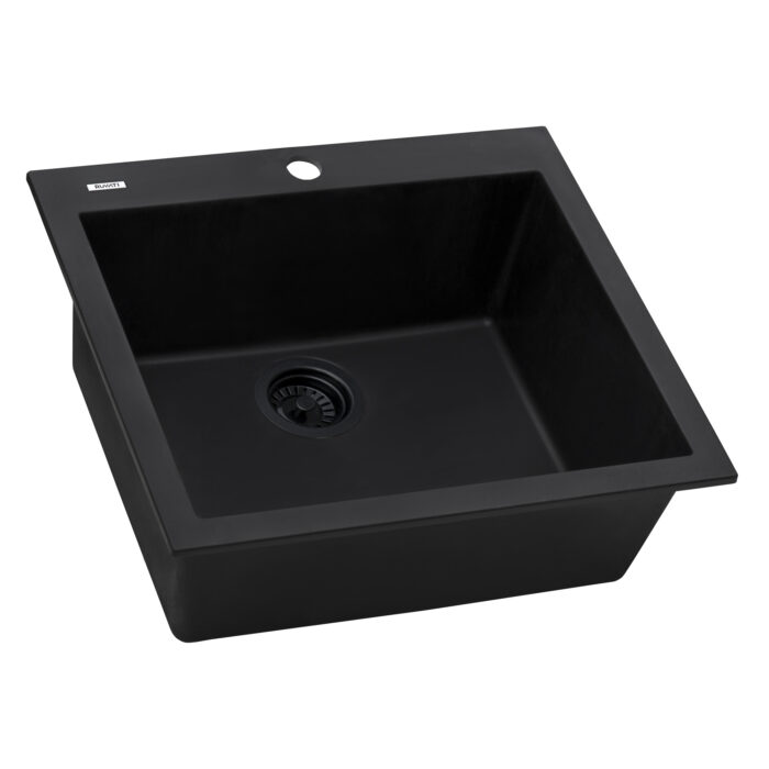 epiGranite Model: RVG1022BK Ruvati 22 x 20 inch epiGranite Drop-in Topmount Granite Composite Quartz Single Bowl Wet Bar Prep Sink – Midnight Black – RVG1022BK