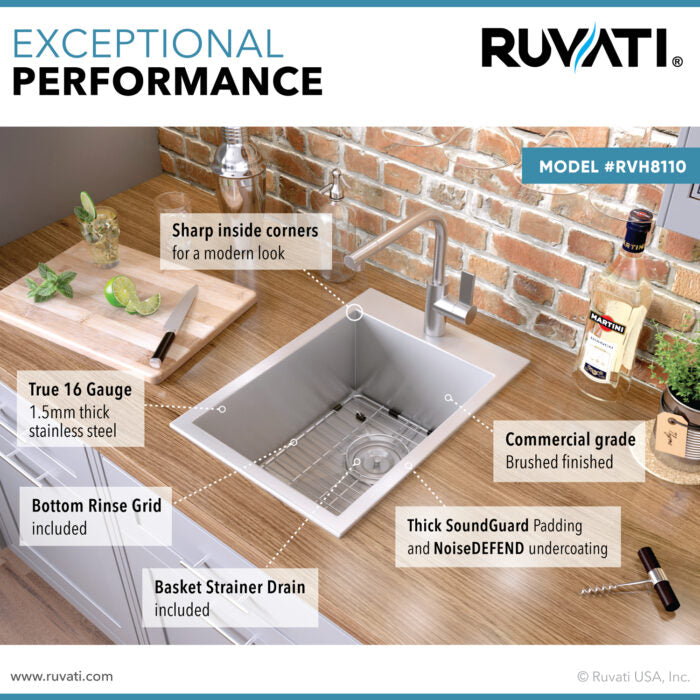 Tirana Model: RVH8110 Ruvati 15 x 20 inch Drop-in Topmount Bar Prep Sink 16 Gauge Stainless Steel Single Bowl – RVH8110