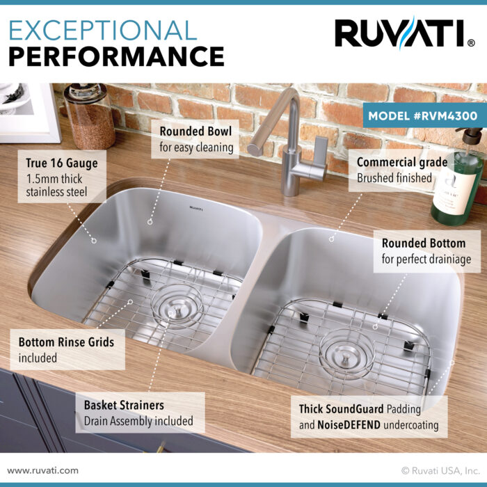 Parmi Model: RVM4300 Ruvati 32-inch Undermount 50/50 Double Bowl 16 Gauge Stainless Steel Kitchen Sink – RVM4300