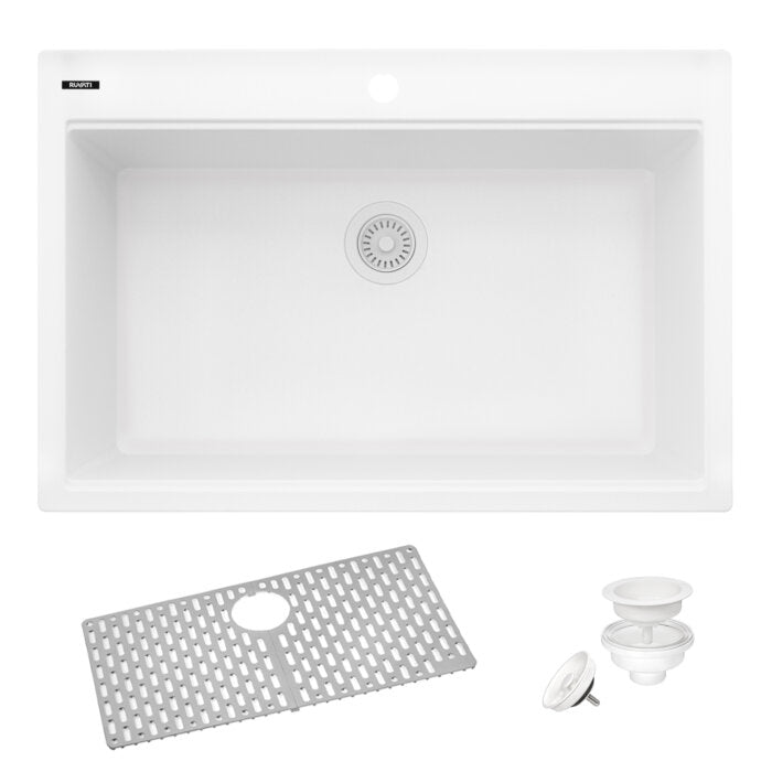 epiGranite Model: RVG1080WH Ruvati 33 x 22 inch epiGranite Drop-in Topmount Granite Composite Quartz Single Bowl Kitchen Sink – Arctic White Matte – RVG1080WH