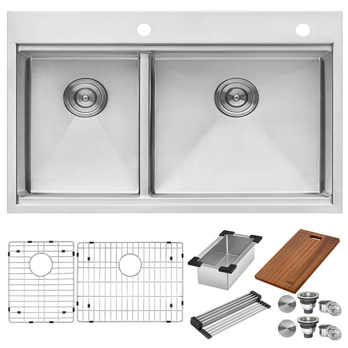 Siena Ruvati 33" x 22" Workstation Drop-in 40/60 Double Bowl Topmount Rounded Corners Kitchen Sink – Model # RVH8036