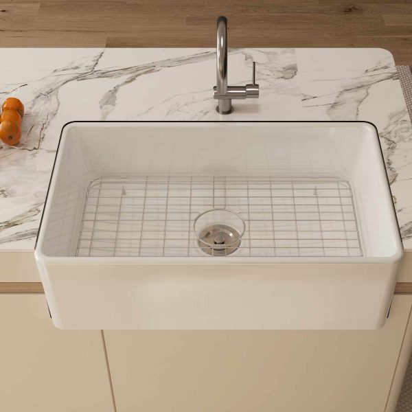 Oakland 33″ Single Bowl Porcelain Apron Farm Sink in White Model # KPF3320W-CB