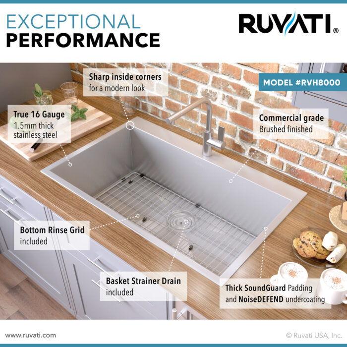 Tirana Model: RVH8000 Ruvati 33 x 22 Drop-in Topmount 16 Gauge Zero Radius Stainless Steel Kitchen Sink Single Bowl – 1 hole – Model # RVH8000