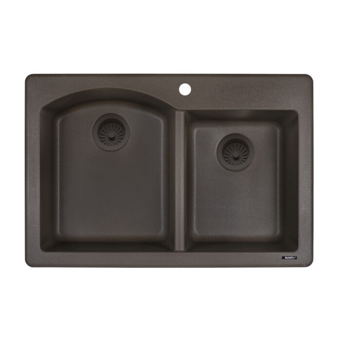 epiGranite Model: RVG1344ES Ruvati 33 x 22 inch epiGranite Drop-in Topmount Granite Composite Quartz Double Bowl Kitchen Sink – Espresso Brown – RVG1344ES