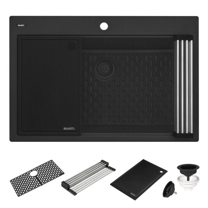 epiStage Model: RVG1306BK Ruvati 33-inch Granite Composite Quartz Workstation Matte Black Drop-in Topmount Kitchen Sink – RVG1306BK