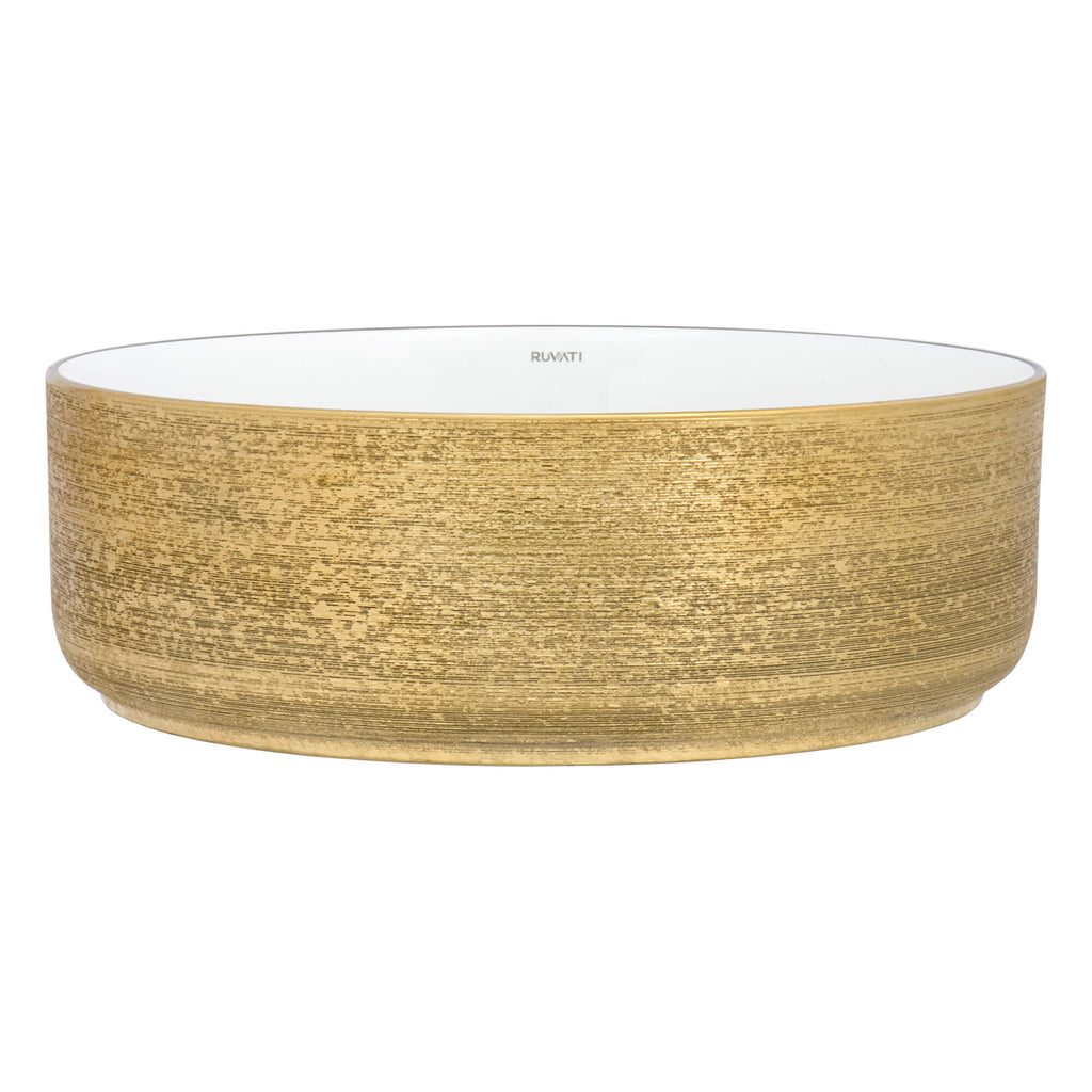 Pietra Ruvati 14" Bathroom Vessel Sink Round Gold Decorative Art Above Vanity Counter White Ceramic – Model# RVB0314WG