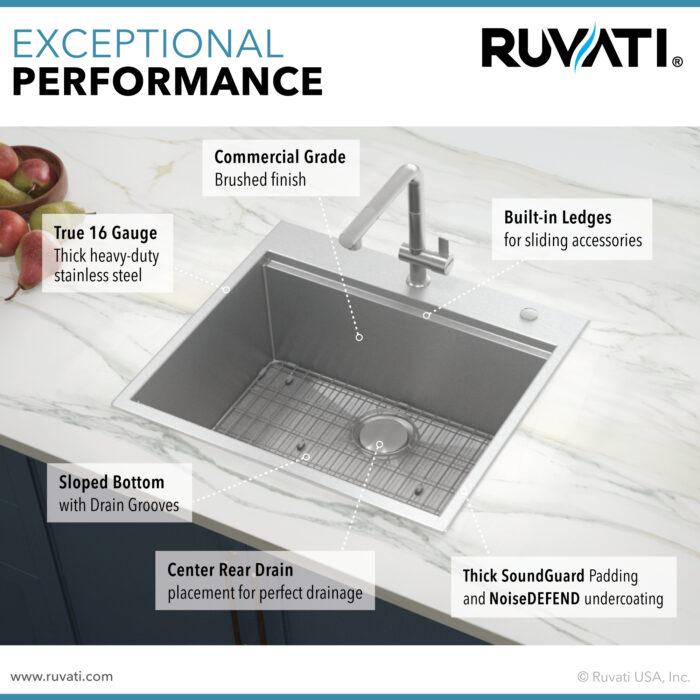 Siena Ruvati 25" x 22" Workstation Drop-in Topmount 16 Gauge Stainless Steel Rounded Corners Ledge Kitchen Sink Single Bowl – Model # RVH8023