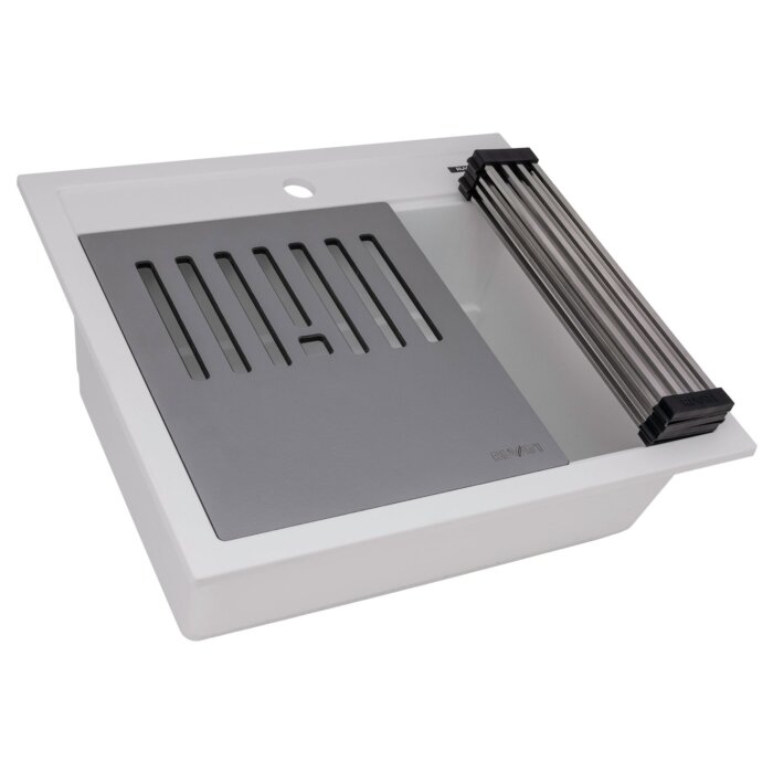 epiCube Model: RVG1622WH Ruvati 23-inch epiCube Granite Composite Quartz Workstation Drop-in Topmount Wet Bar Prep Sink Arctic White Matte – RVG1622WH