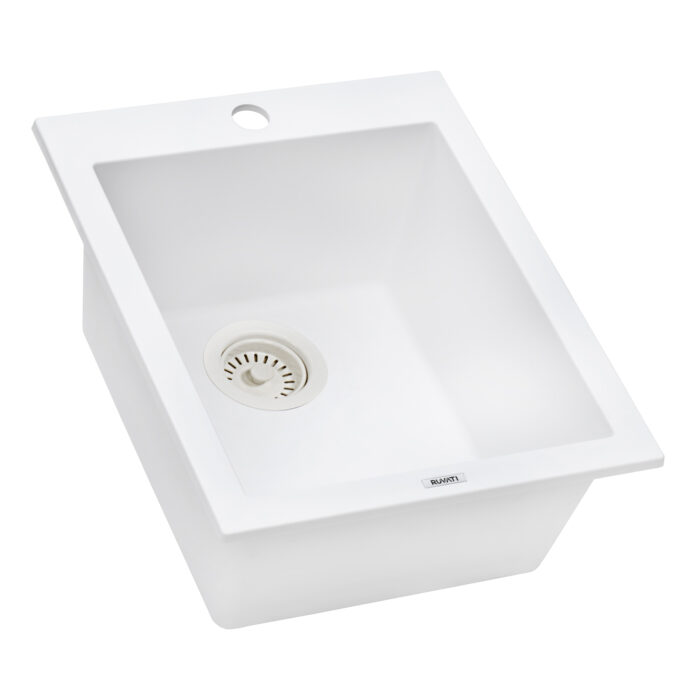 epiGranite Model: RVG1016WH Ruvati 16 x 20 inch epiGranite Drop-in Topmount Granite Composite Quartz Single Bowl Wet Bar Prep Sink – Arctic White Matte – RVG1016WH