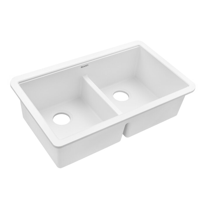 epiGranite Model: RVG2385WH Ruvati 33 x 19 inch Granite Composite Quartz Undermount Double Bowl Low Divide Kitchen Sink – Arctic White Matte – RVG2385WH