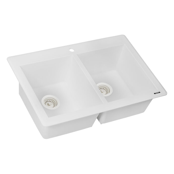 epiGranite Model: RVG1388WH Ruvati 33 x 22 inch epiGranite Drop-in Topmount Granite Composite Quartz Double Bowl Kitchen Sink – Arctic White Matte – RVG1388WH