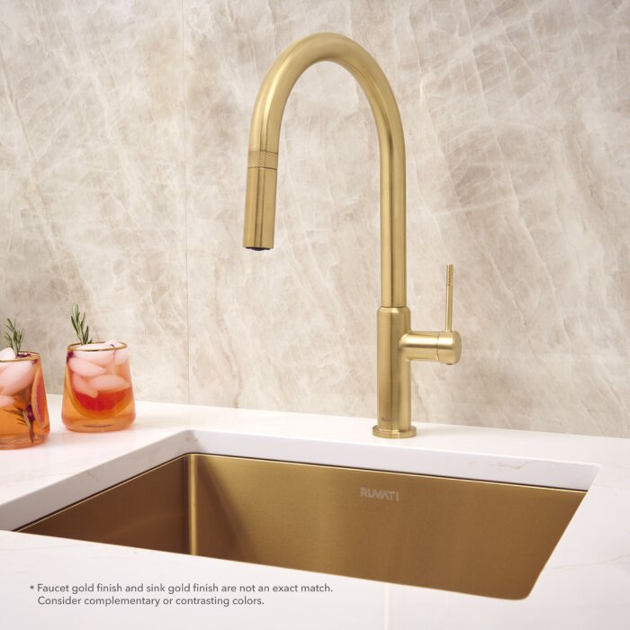Vestia Model: RVF1237SG Ruvati Vestia Single Handle Pull Down Kitchen Faucet Knurled Modern Arc with Sprayer in Brushed Gold – RVF1237SG