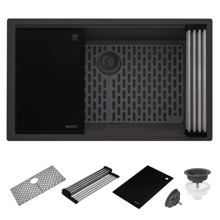 epiStage Model: RVG2306UG Ruvati 33-inch Undermount Workstation Granite Composite Quartz Kitchen Sink Urban Gray – RVG2306UG