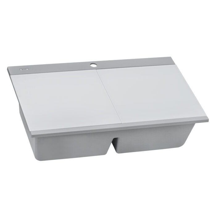 epiGranite Model: RVG1350GR Ruvati 34 inch epiGranite Drop-in Topmount Workstation Ledge Granite Composite Quartz Kitchen Sink – Silver Gray – RVG1350GR