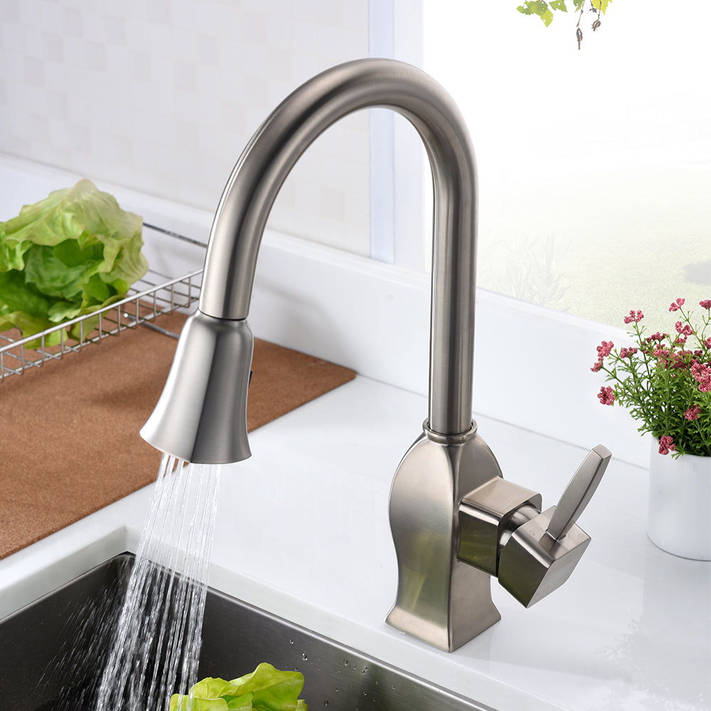 Single Handle 1 Hole Pull-Down Kitchen Faucet in Brushed Nickel – Model# KSK1122BN