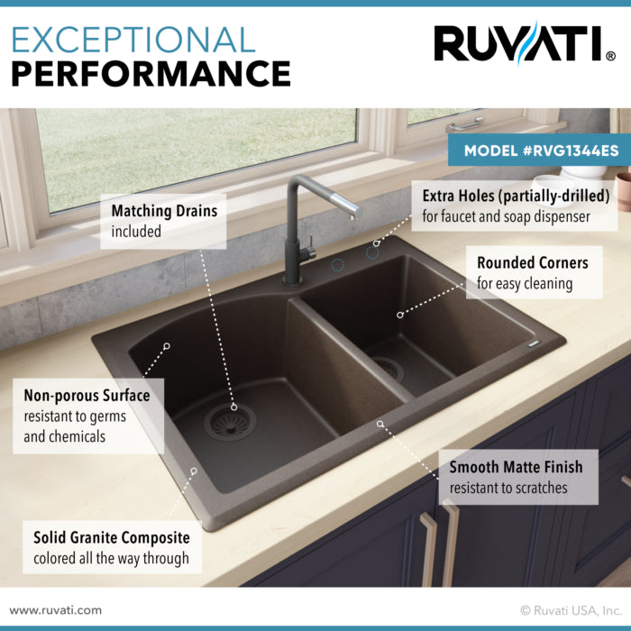 epiGranite Model: RVG1344ES Ruvati 33 x 22 inch epiGranite Drop-in Topmount Granite Composite Quartz Double Bowl Kitchen Sink – Espresso Brown – RVG1344ES
