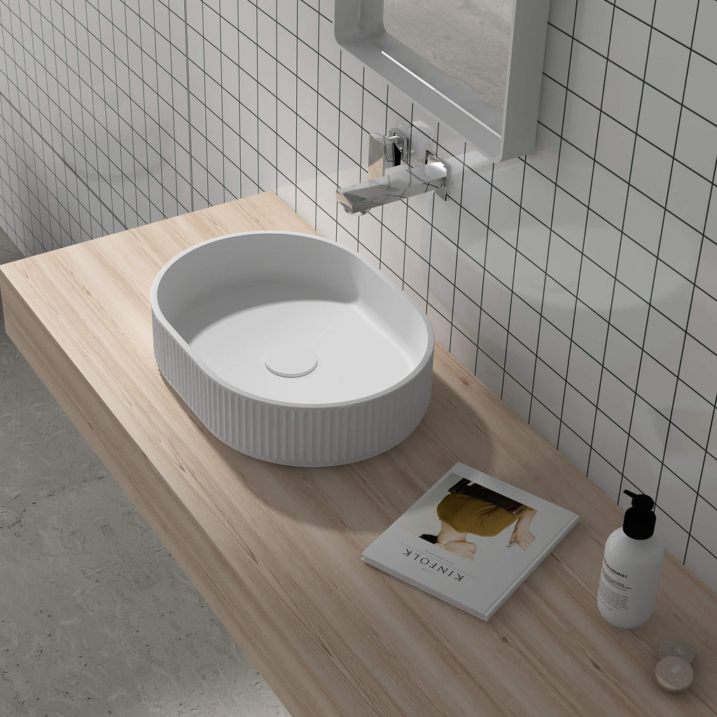 Cordona Model: RVB2819WH Ruvati 19 x 14 inch Fluted Vessel Bathroom Sink epiStone Solid Surface Modern Oval Matte White – RVB2819WH