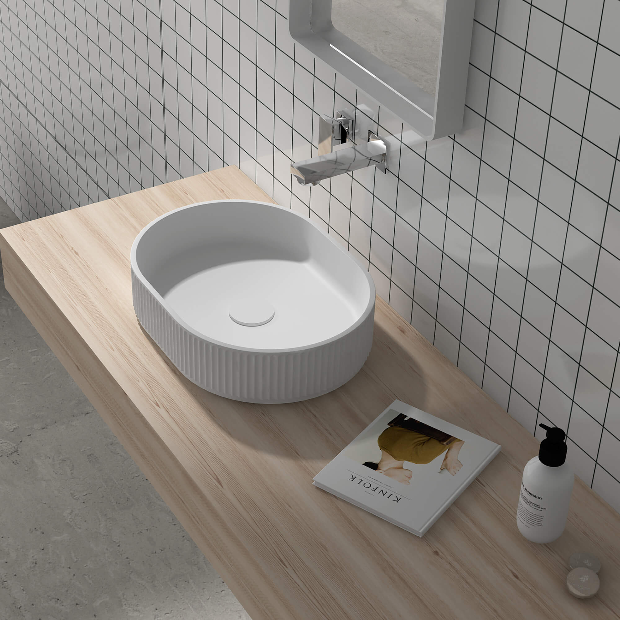 Cordona Model: RVB2819WH Ruvati 19 x 14 inch Fluted Vessel Bathroom Sink epiStone Solid Surface Modern Oval Matte White – RVB2819WH