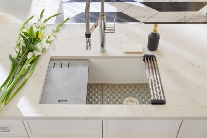 epiStage Ruvati 33" Granite Composite Workstation Undermount Kitchen Sink Single Bowl White – Model# RVG2302WH