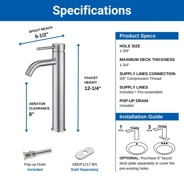 Oakland Single Handle Bathroom Sink Vessel Faucet with Pop Up Drain in Brushed Nickel Model# KSB1119BN