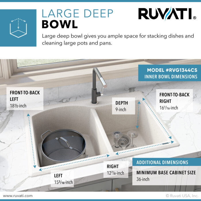 epiGranite Model: RVG1344CS Ruvati 33 x 22 inch epiGranite Drop-in Topmount Granite Composite Quartz Double Bowl Kitchen Sink – Caribbean Sand – RVG1344CS