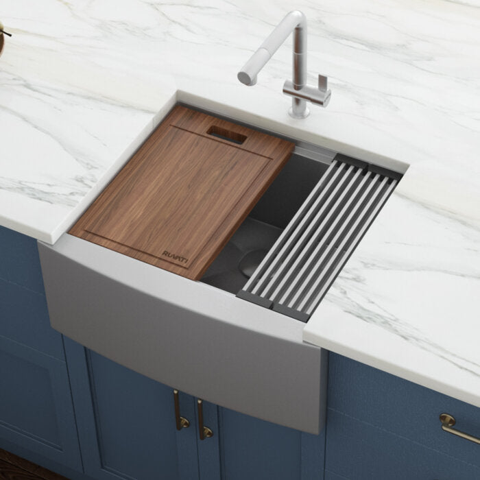 Verona Ruvati 24-inch Apron-front Workstation Farmhouse Kitchen Sink 16 Gauge Stainless Steel Single Bowl – Model # RVH9020