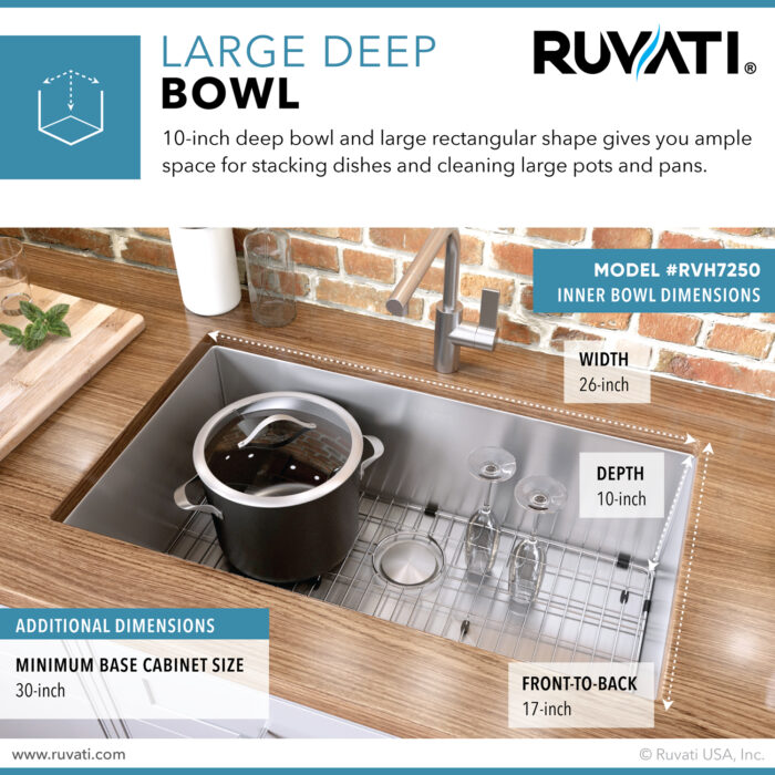 Gravena Model: RVH7250 Ruvati 28-inch Undermount 16 Gauge Stainless Steel Kitchen Sink Rounded Corners Single Bowl – Model# RVH7250