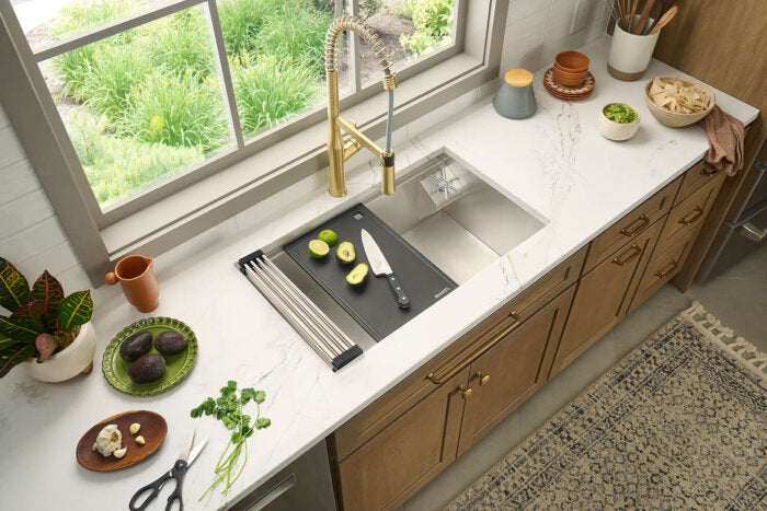 Seneca Model: RVF1233SG Ruvati Seneca Brushed Gold Single Handle Pull Down Kitchen Faucet Tall High Arc Commercial with Pre-Rinse Sprayer – RVF1233SG