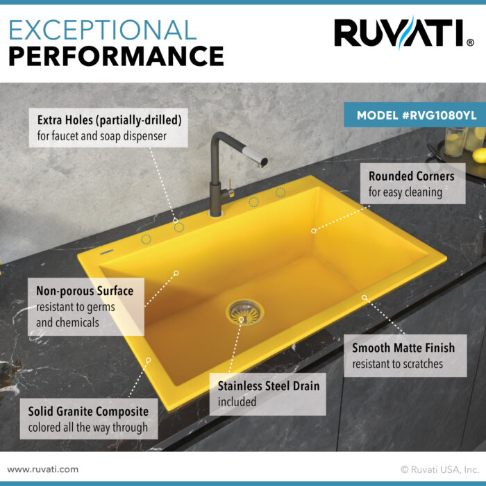 epiGranite Model: RVG1080YL Ruvati 33 x 22 inch Granite Composite Quartz Drop-in Topmount Kitchen Sink Single Bowl – Midas Yellow – RVG1080YL