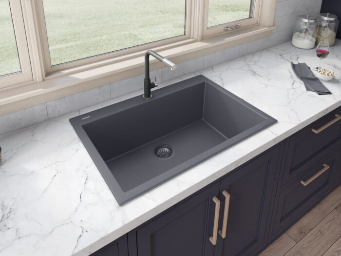 epiGranite Model: RVG1080UG Ruvati 33 x 22 inch epiGranite Drop-in Topmount Granite Composite Quartz Single Bowl Kitchen Sink – Urban Gray – RVG1080UG
