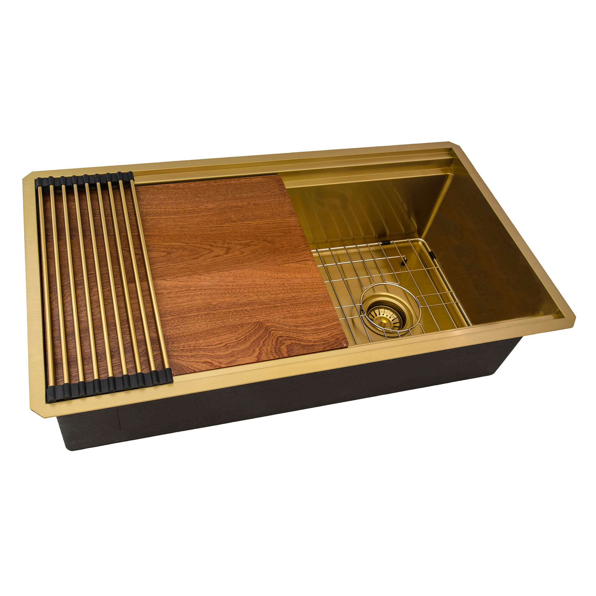 Dual-Tier Pro Ruvati 33-inch Matte Gold Stainless Steel Workstation Two-Tiered Ledge Undermount Kitchen Sink – Model# RVH6222GG